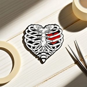 Skull ribcage heart enamel pin on a vintage wooden background with studio tools