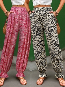 Pantaloni Harem Stampati Bohemian Da Donna Poliestere Vita Alta Elastica Pantaloni Lanterna Casual Larghi Con Orlo A Volant