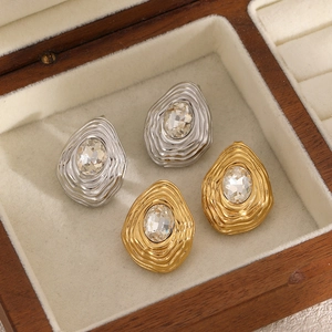 Vintage Teardrop Stud Earrings Stainless Steel Irregular Ripple Texture Cubic Zirconia Center Light Luxury For Women