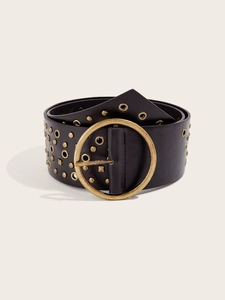 Close-up of a wide black PU leather belt with large gold round buckle and metallic studs