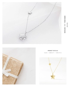 Detailed view of gold and silver star pendant necklaces on minimalist chains with gift box