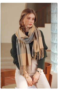 Plaid tassel scarf styled on model in warm indoor setting showing thick soft texture