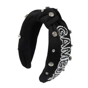 Fashionable black knotted headband with rhinestones and white bead GAMEDAY lettering