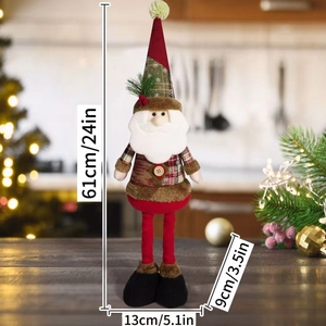 Plush Santa doll dimensions showing 61cm height in a cozy festive kitchen setting