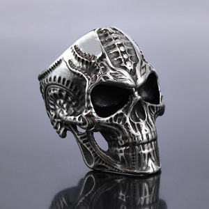 Vintage punk silver skull ring for men, gothic biker style in stainless steel finish