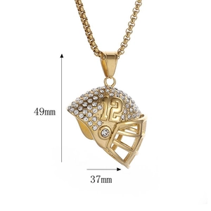Gold-plated football helmet pendant necklace with 12 engraving and rhinestone inlay