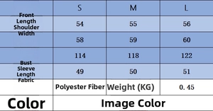Size chart for striped knit polo shirt detailing lengths, shoulder, and chest measurements