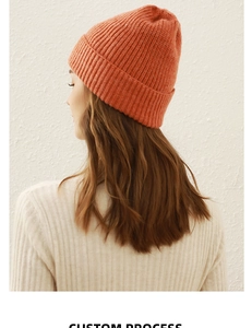 Detail of orange ribbed knit beanie showing high-quality wool texture and thick cuff