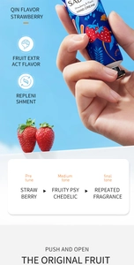 Detailweergave van aardbeienhandcrèmetube met geurnoten en hydraterende kenmerken