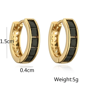 Detail view of 18K gold plated geometric earrings with black zircon stones and measurements