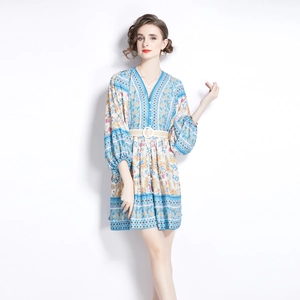 Bohemian floral V-neck mini dress with lantern sleeves and a woven waist belt