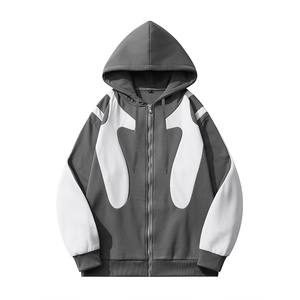 Herren Winter Hoodie mit Reißverschluss und grau-weißem Patchwork-Kontrastdesign