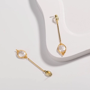 Shell and pearl drop earrings with handmade gold wire wrapping and long metal bar
