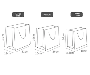 Detailed size guide for Christmas gift bags showing large medium and small dimensions