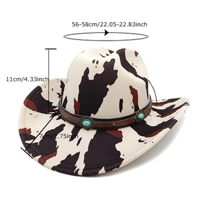 Western cow print cowboy hat with turquoise leather band shown from a 45-degree angle