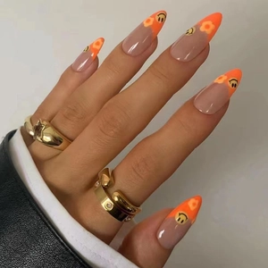 Press On Nails Almond Shaped Orange French Tip With Smile Face Flower Pattern Glossy Artificial Fake Nails For Women