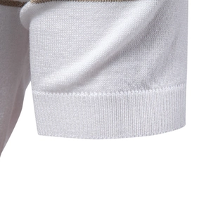 White striped men's polo shirt featuring detailed knit texture and ribbed cuff design