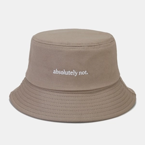 Detail of khaki cotton bucket hat with white absolutely not embroidery and stitched brim