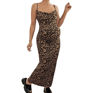 Leopard print maternity maxi dress with slim straps and backless design for summer