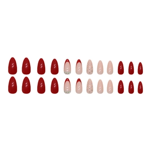 Glossy red and nude almond press-on nails with French tips and sparkling rhinestones