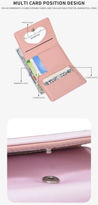Detail view of pink PU leather wallet interior featuring heart photo slot and card holders