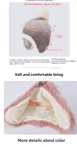 Detail of winter gradient knit hat with warm fleece lining and dimensions measurement