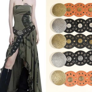 Bohemian style wide belt with hammered metal discs and leather patches for dresses