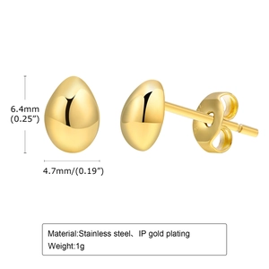 Polished gold bean stud earrings in stainless steel with 6.4mm height dimensions