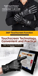 Men's black leather gloves with 360° touchscreen function and decorative buckle design