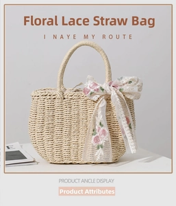 Close-up of straw woven bag with floral lace embroidery and ribbon handle detail