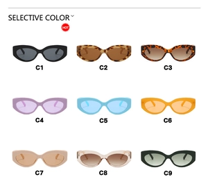 Selective color grid showing nine different retro cat eye sunglasses in vibrant color options