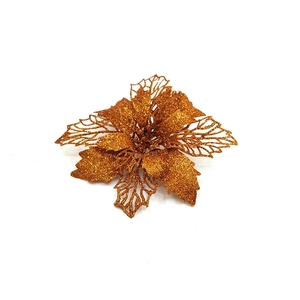 Close-up of golden glitter artificial flower ornament for Christmas tree decoration