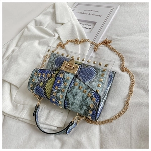 Detailed view of turquoise snake skin texture and gold rivets on a transparent jelly bag