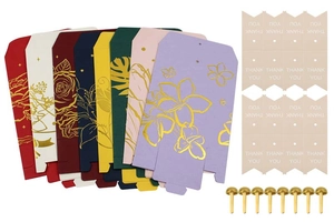 Detailed set of 8 colorful wedding favor envelopes with gold foil floral patterns and tags