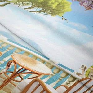 Detail showing high-quality fabric texture and Mediterranean terrace print on wall tapestry