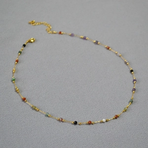 Japanese style retro necklace with colorful natural stone beads and gold chain for women