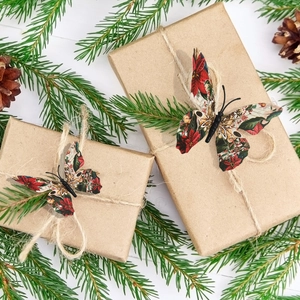 3D Christmas butterfly wall stickers with red and green vintage floral patterns for gift decor