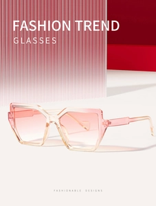 Detailed view of oversized geometric sunglasses with pink to yellow gradient frames