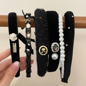 Set of luxury camellia pearl headbands in black velvet and woven fabric for women