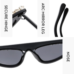 Detailed close-up of secure hinges and curved legs on rhinestone triangle sunglasses