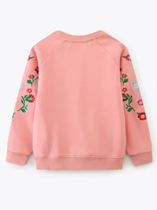 Kids long sleeve pink pullover sweatshirt featuring floral embroidery on sleeves