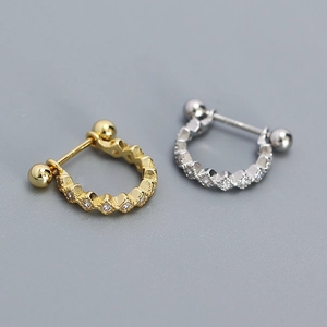 S925 silver geometric U-shaped ear studs with cubic zirconia and ball screw closure