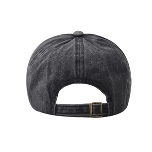 Detailed back view of a washed cotton baseball cap featuring an adjustable metal buckle