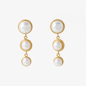 Elegant gold-plated stainless steel drop earrings featuring three graduated white pearls