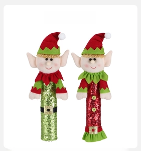 Detailed front view of red and green sequined Christmas elf bottle covers with plush heads