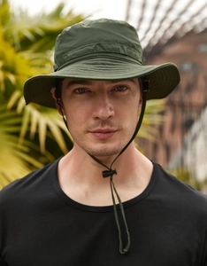 Detail shot of waterproof outdoor sun hat with adjustable drawstring and metal buckle