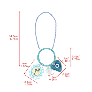 Blue beaded keychain with flower tag and devil eye heart charm including size dimensions