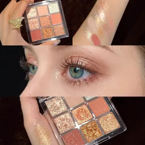 Detailed swatches and eye makeup look of a 9-color matte and glitter warm eyeshadow palette
