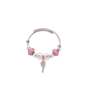 Adjustable silver wire bracelet featuring pink glitter beads and a hot air balloon charm