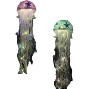 DIY handmade jellyfish hanging lamps with purple and green LED ribbons and starfish decor